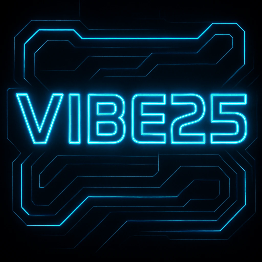Add a strong neon blue glow around the VIBE25 logo, set the background to solid black, keep the Tron-inspired futuristic style with glowing lines and a high-tech digital aesthetic. emoji