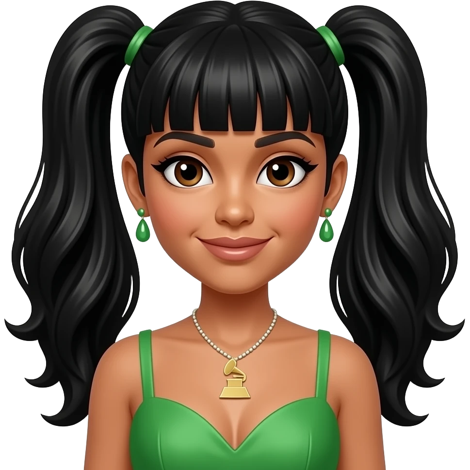 Lisa Left Eye Lopes from TLC with light brown skin, dark brown eyes, black two high ponytail hair with bang, green grammy dress, necklace and earrings emoji