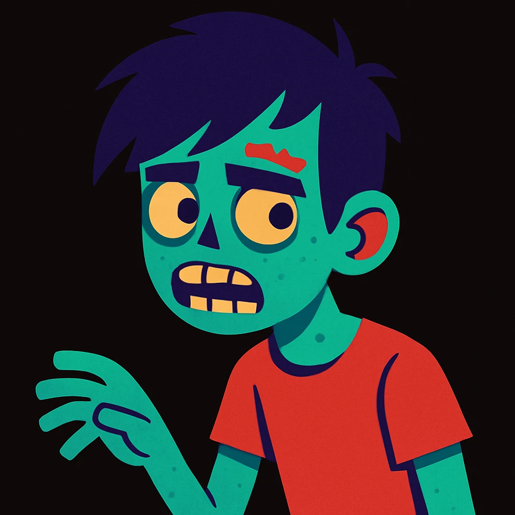 zombie boy with black emo hair on a black background, modern illustration style emoji