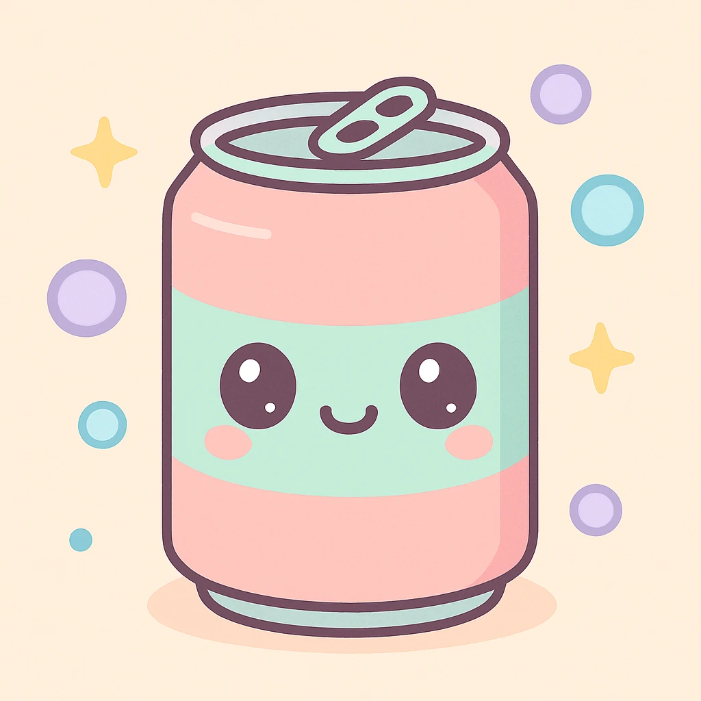 kawaii style soda can with a smiling face, pastel colors, and bubbles around it emoji
