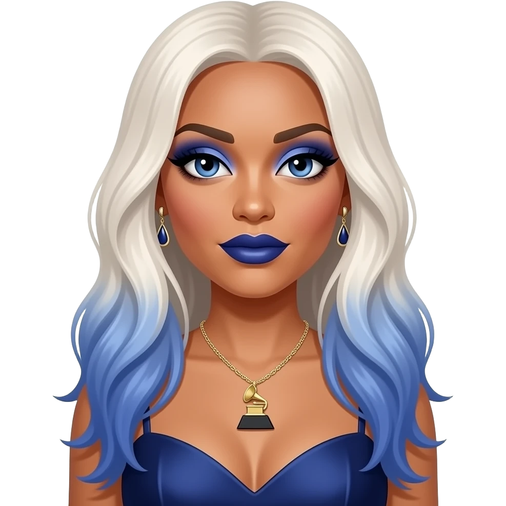 Lil Kim with dark blue eyes, long white blonde hair with periwinkle ombre, indigo eyeshadow, indigo lipstick, indigo grammy dress, necklace and earrings emoji