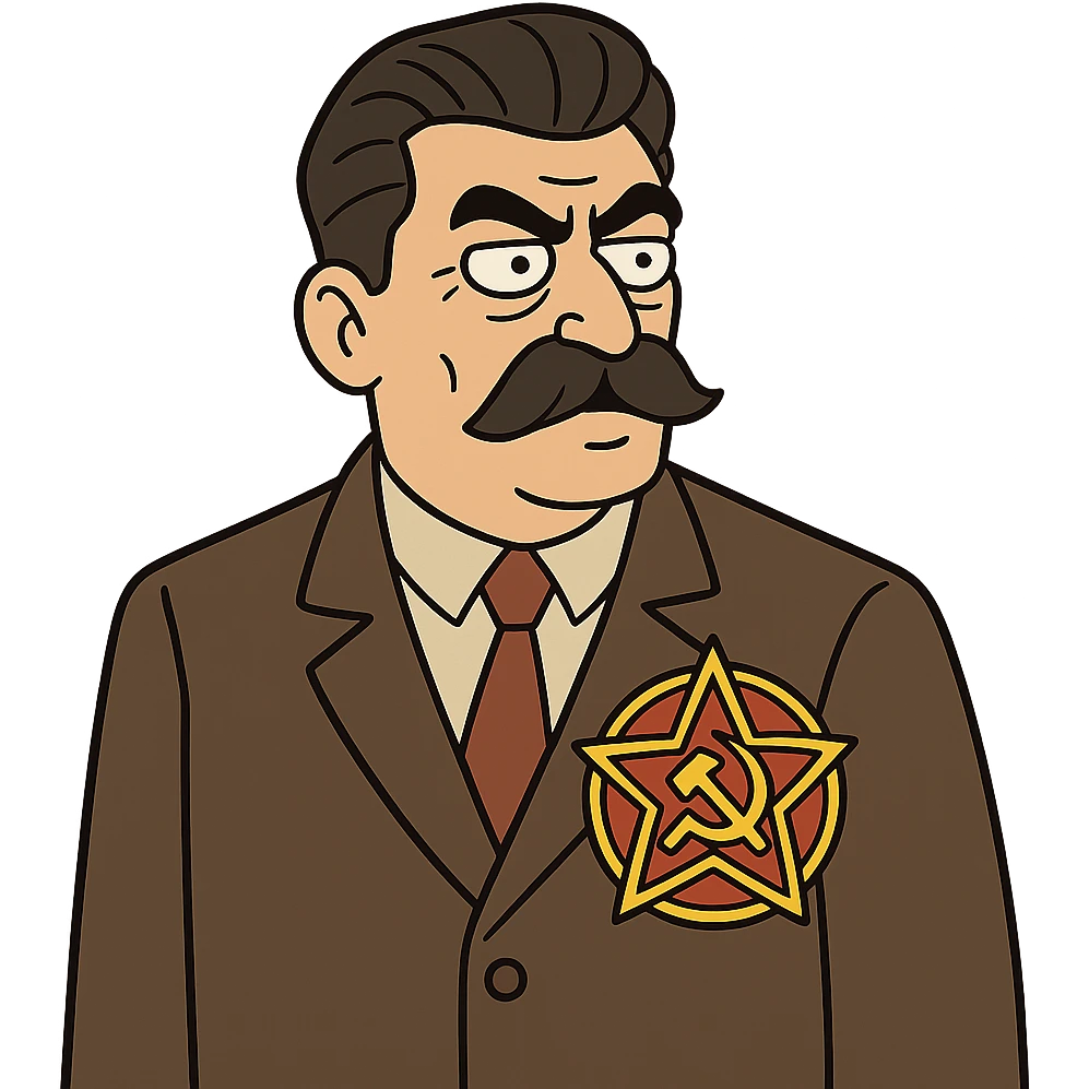 A cartoon image of Joseph Stalin wearing a suite with a large communist party badge emoji