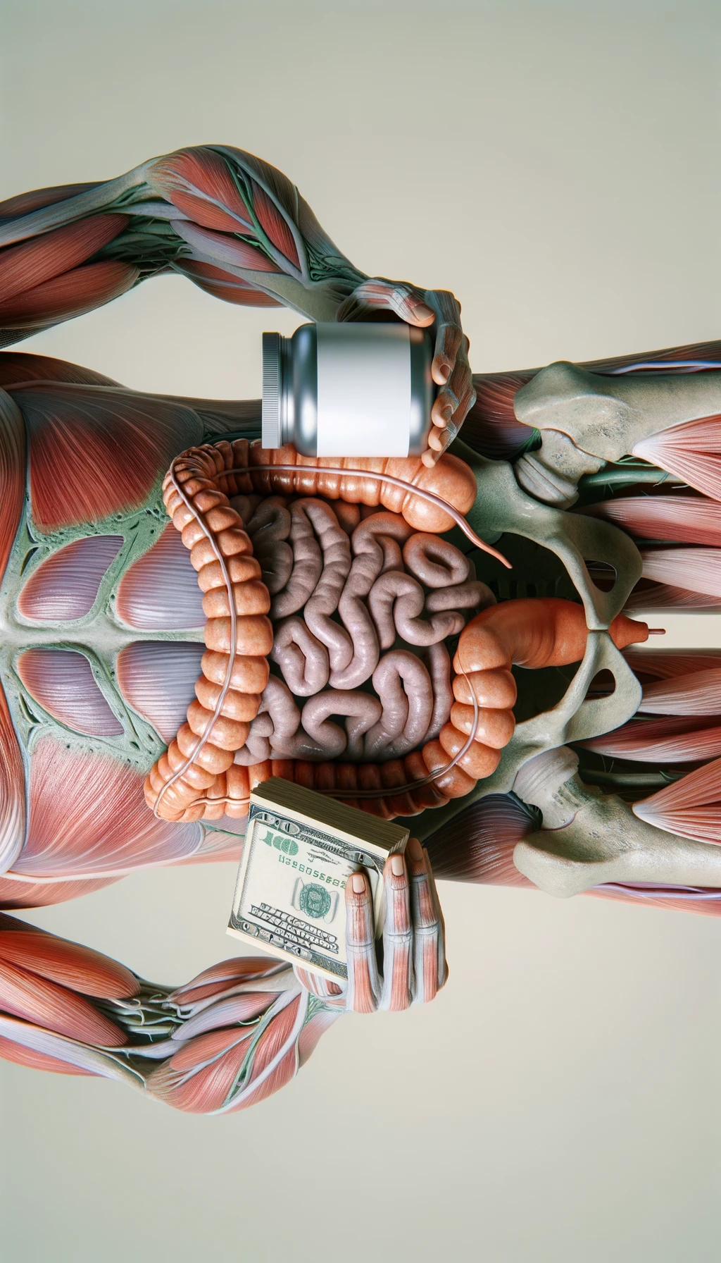 corpo umano anatomico con intestino umano anatomico realistico in evidenza che tiene nella mano destra una boccetta di integratore e nella mano sinistra delle banconote, sfondo neutro chiaro, iperrealistico 4k emoji