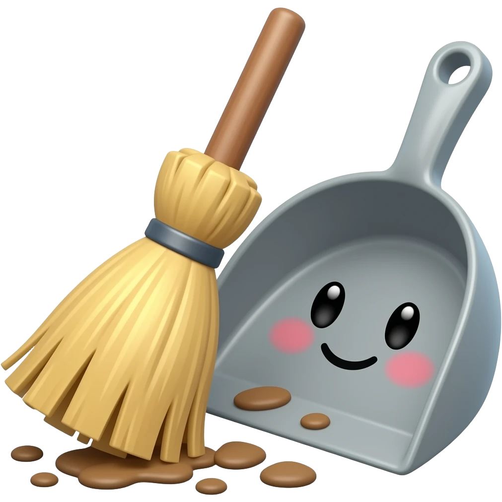 cute and happy dustpan and brush sweeping broom dust smiley funny face emoji