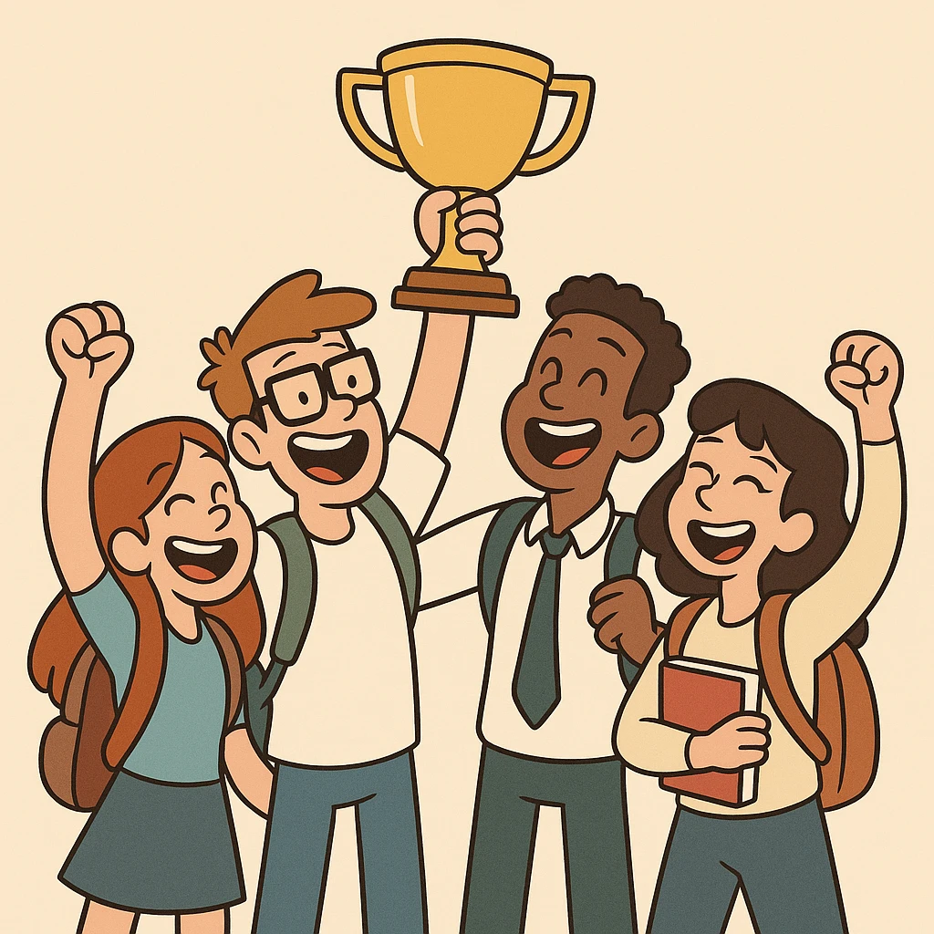 groupe de quatre étudiants célébrant avec un trophée, flat design, couleurs harmonieuses, fond minimaliste emoji