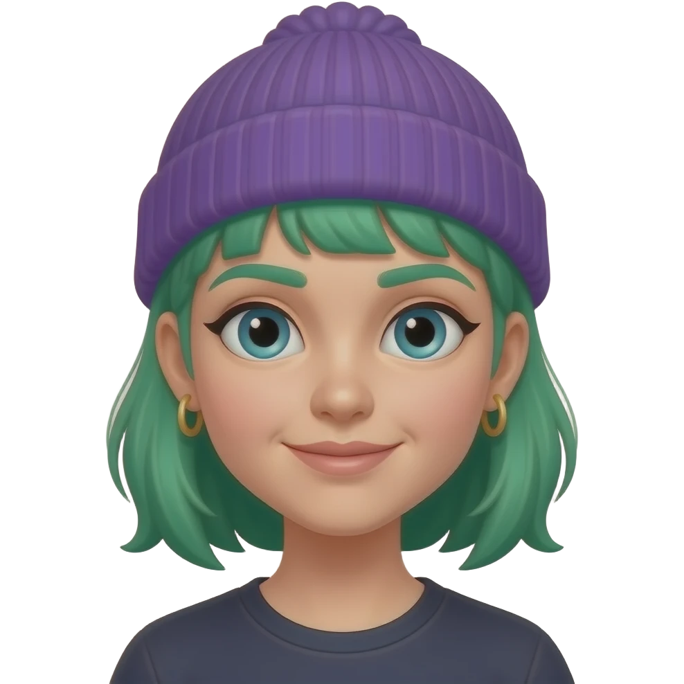 green haired girl with purple beanie and earrings emoji