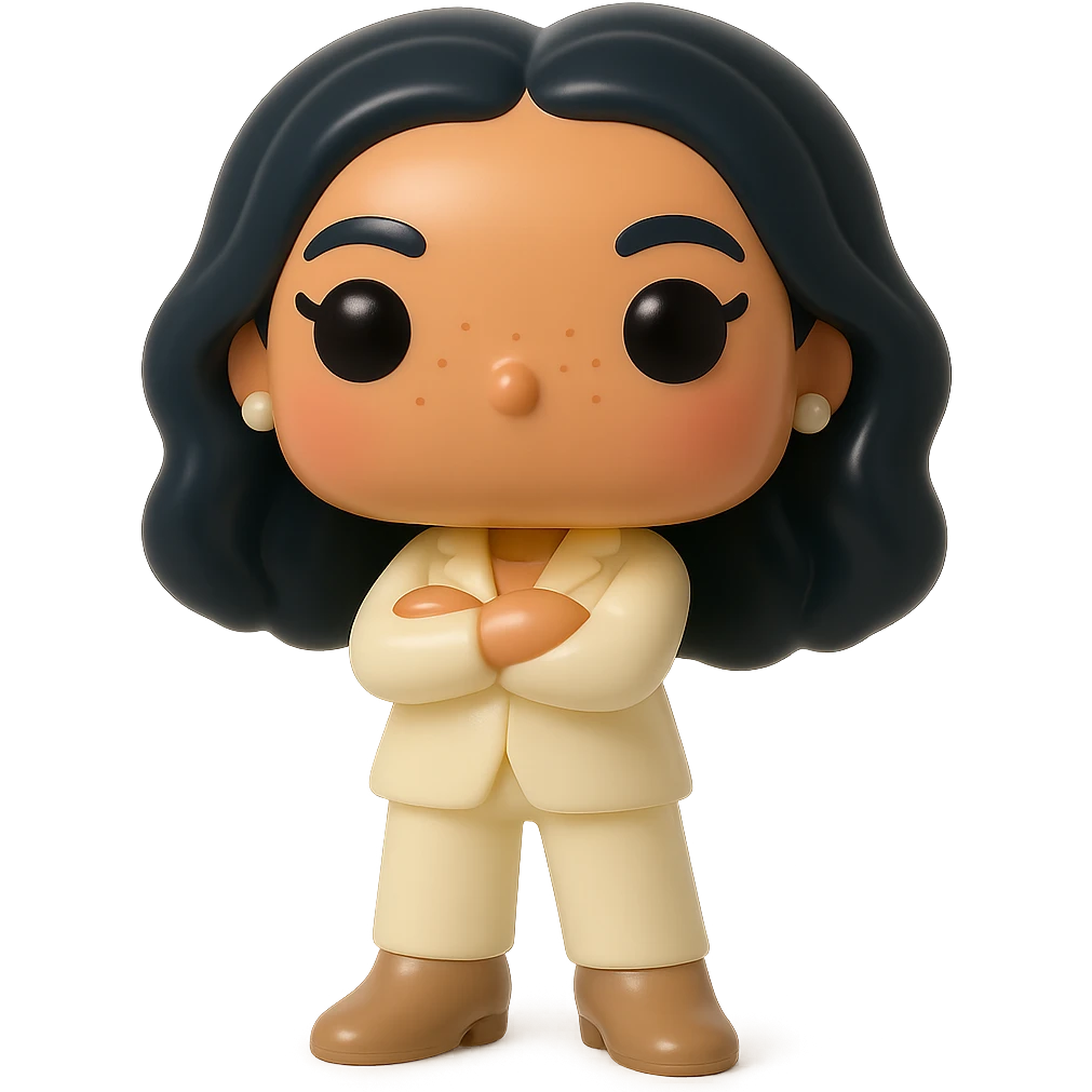 Funko Pop style vinyl figure, ultra high quality: luminous smooth tanned skin, highly detailed dark hair, hyper-textured feminine cream suit (jacket and pants), small pearly earrings, greige leather boots clearly visible, arms crossed, rosy cheeks, very discreet freckles, eyelashes, mischievous and cheerful expression, no mouth, transparent background. emoji