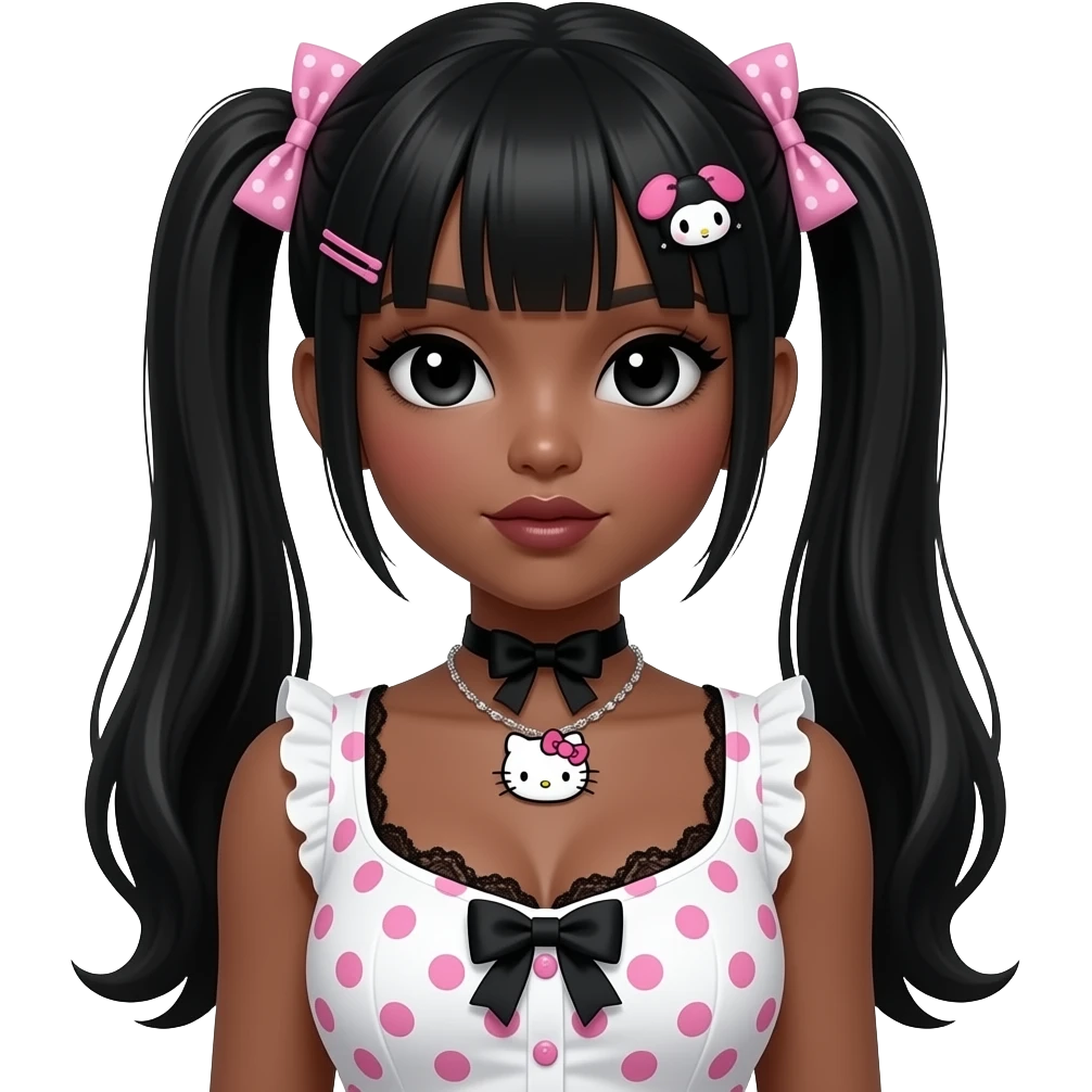 Doll girl, Gyaru makeup, my melody hairclip, cutecore, doll eyes, Doll, big chest, dark brown skin, Doll faced shaped, hello kitty necklace, bimbo, black doll eyes, Big lips, long black hair, with white or black lace pink polka dots with gyaru sleeveless shirt, with hime gyaru bows, big breast emoji