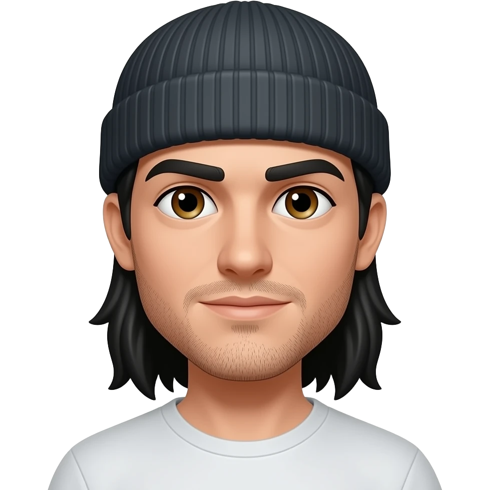 Thin face, Skinny physique, black thick eyebrows, straight shoulder length long black hair man, hazel eyes, very very  5 oclock shadow with beanie skateboarder emoji
