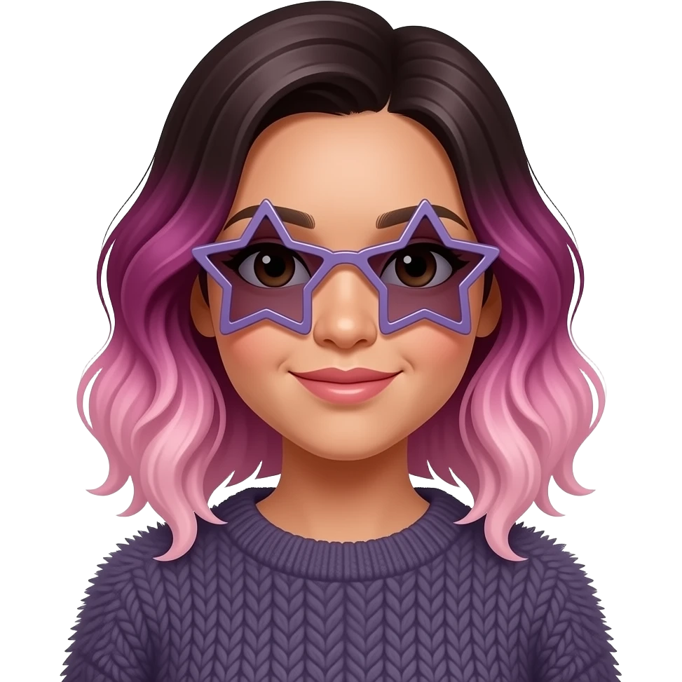 medium skinned vietnamese woman with dark brown medium eyes with slightly wavy ombre hair that is magenta at the top fading to light pink at the bottom, wearing a deep gray-violet fluffy sweater and sunglasses in the shape of stars emoji