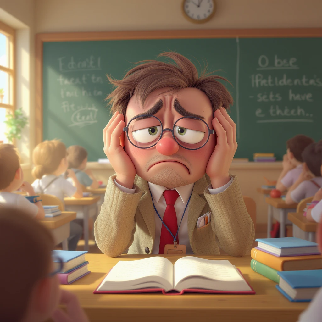 3d cartoon art of a exhausted teacher in a bustling classroom emoji