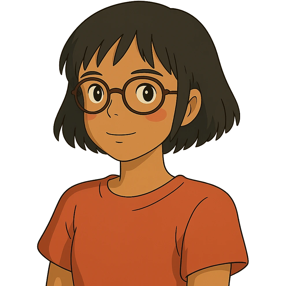 ghibli style Asian girl with tan skin, short black hair, and glasses emoji