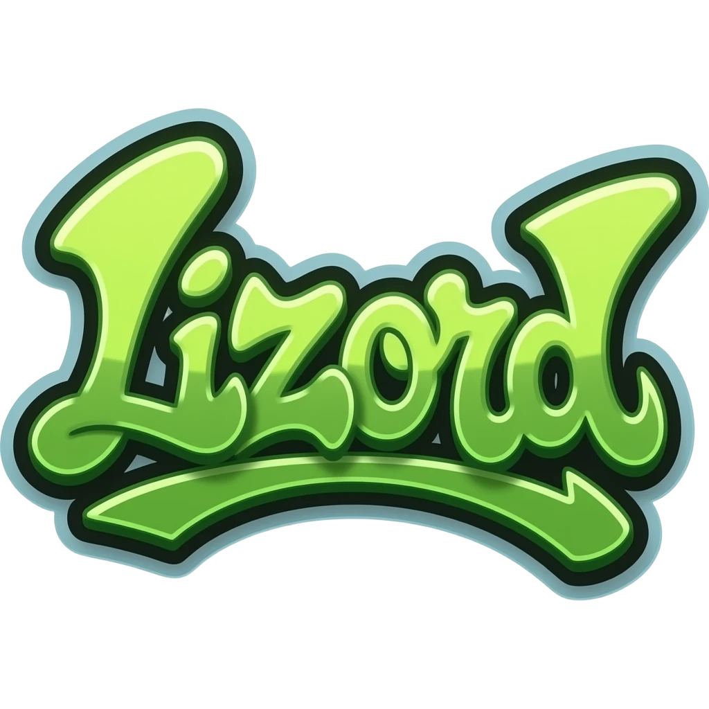 graffiti green metálico y 3D al estilo Y2K write "Lizord" png background with hrome effect and gyperrealistic emoji