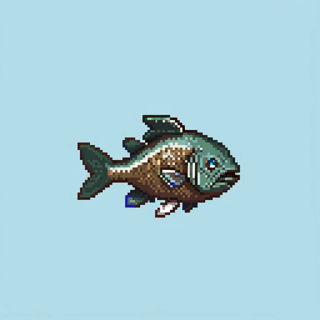 Minecraft cod fish item texture, eye pointing down-left at 45-degree angle, simple square texture, pixel art style emoji