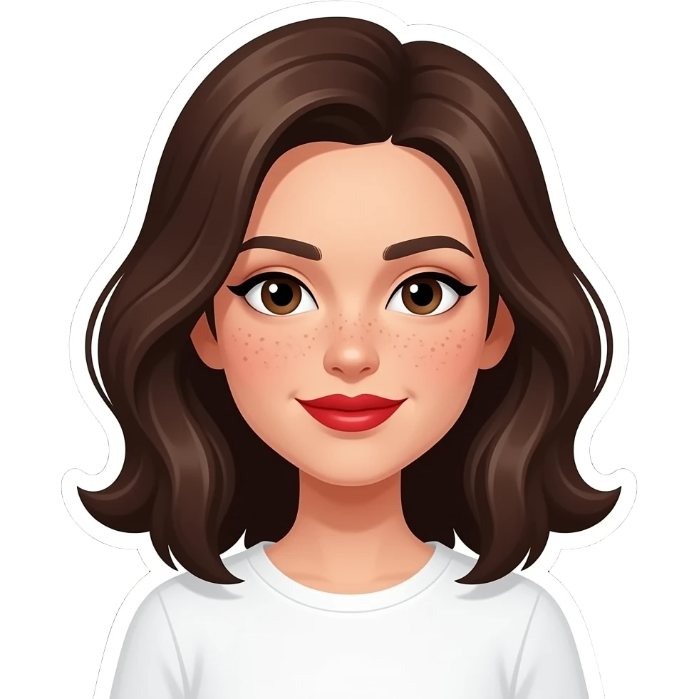 vector-style avatar of a woman named Iris, centered, solid black background, wavy shoulder-length dark brown hair, fair skin with distinct freckles across her cheeks, and bold red lips. emoji