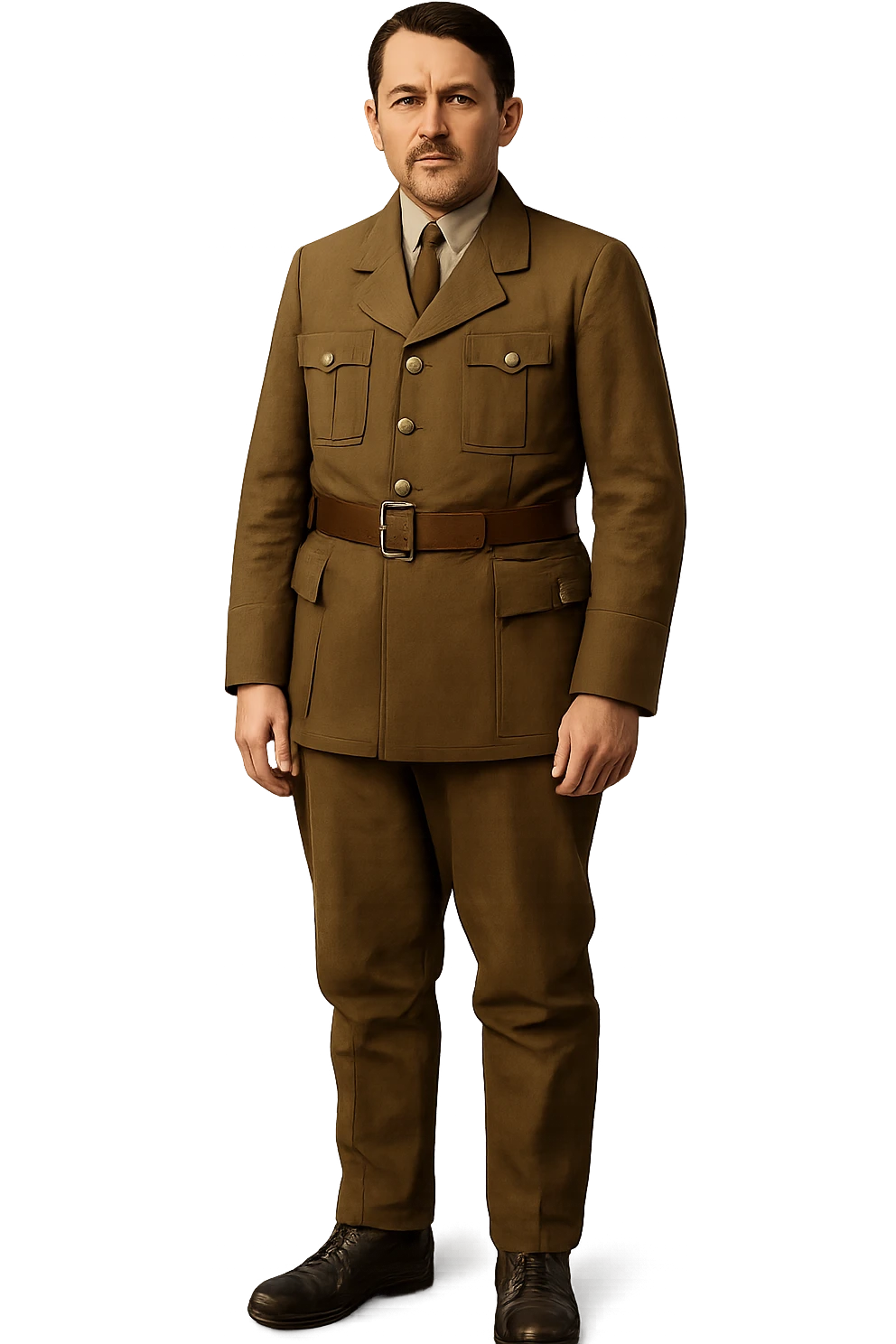 a man in a brown military uniform, square moustache, standing, no background emoji