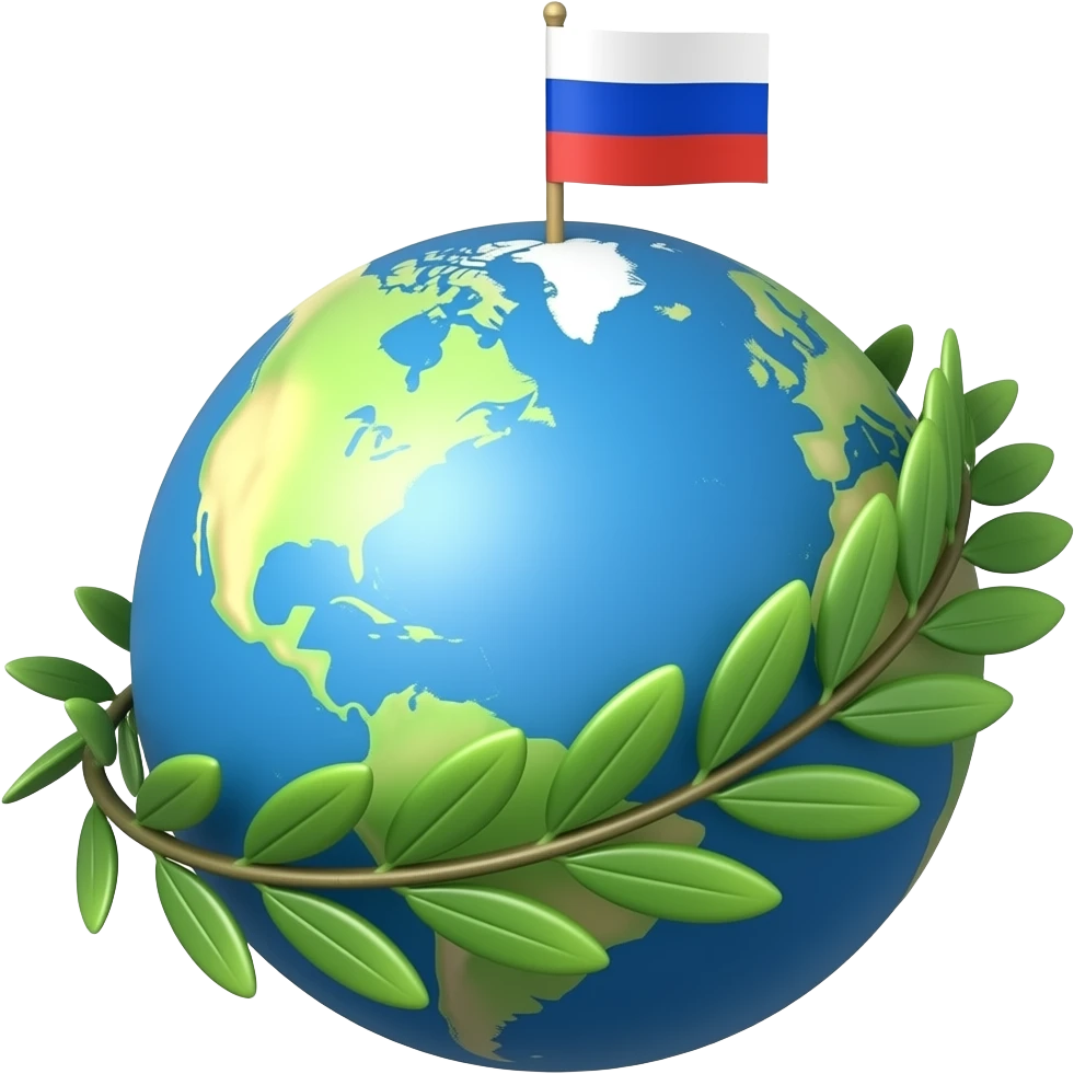 A blue globe of the Earth with a green olive branch wrapped around it. A small Russian flag is planted on top of the globe. Simple flat vector art, round emoji format, soft green and blue colors, white background, peaceful, clean lines. emoji