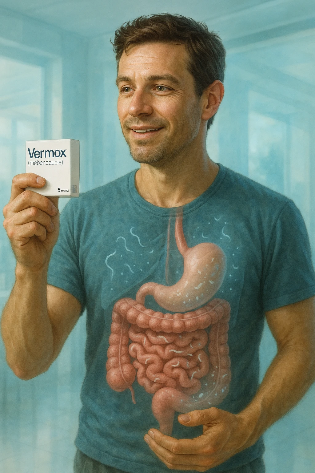 A realistic, cinematic illustration of a man in his late 30s holding a small white box of ‘Vermox’ (mebendazole) in one hand, with a relieved and hopeful expression on his face. Behind him, a semi-transparent overlay shows his digestive tract where small, symbolic worm-like parasites are dissolving and disappearing, indicating the medication’s effect. The environment is clean and bright, with a medical yet hopeful tone, conveying the concept of effective parasite removal. Subtle blue and green tones symbolize cleansing and health restoration, while the man appears energized and ready to reclaim his well-being emoji