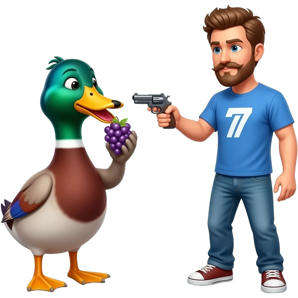 A duck eating grapes in slow motion while being pointed at a gun by Mrbeast emoji