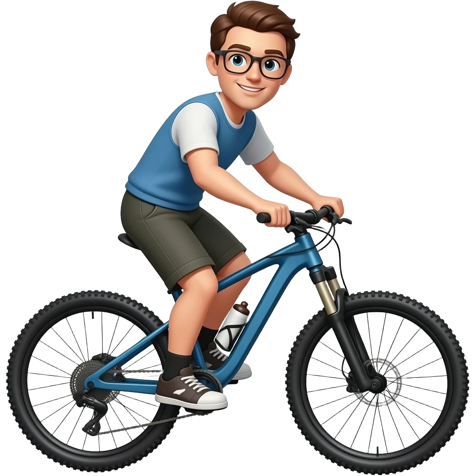 Brown hair guy with glasses doing mountain bike emoji