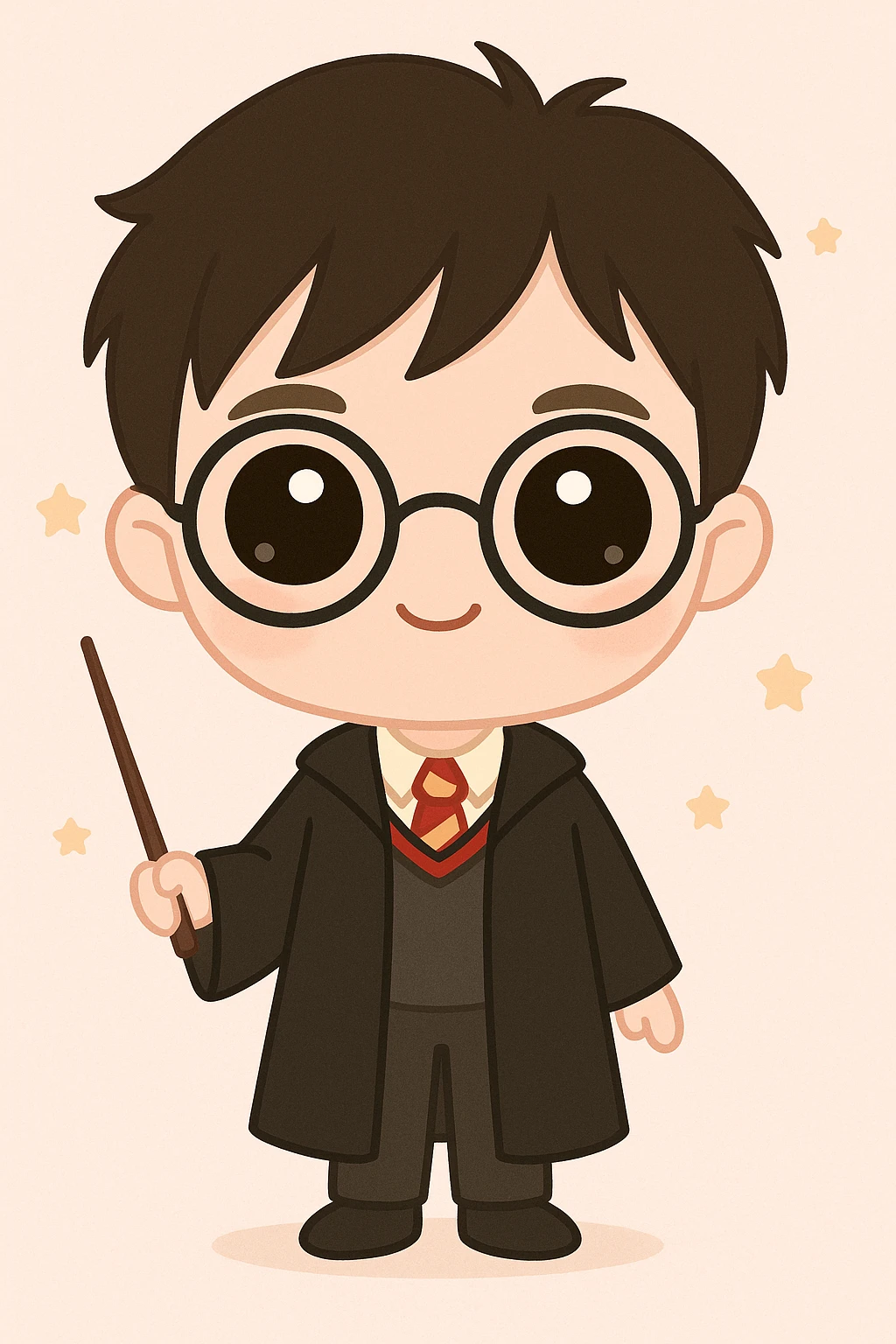 Complete the full body of the character Harry Potter in a cute cartoon style. Keep the Hogwarts uniform with a black robe, striped tie, black shoes, and holding a wand in hand. The style should be kawaii, colorful, and charming, emphasizing the magical and youthful essence of Harry Potter. emoji