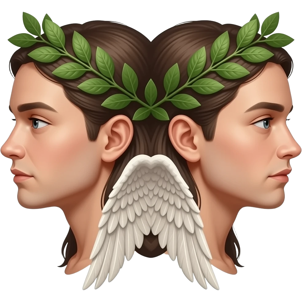 twins, two faces in profile in a parallel composition, they have small wings instead of ears and a laurel wreath around their heads emoji