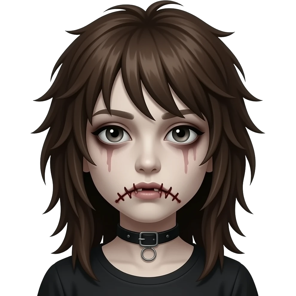 Girl, ZOMBIE, brown hair, long, emo, shaggy, dark, spooky, creepy, sewn mouth emoji