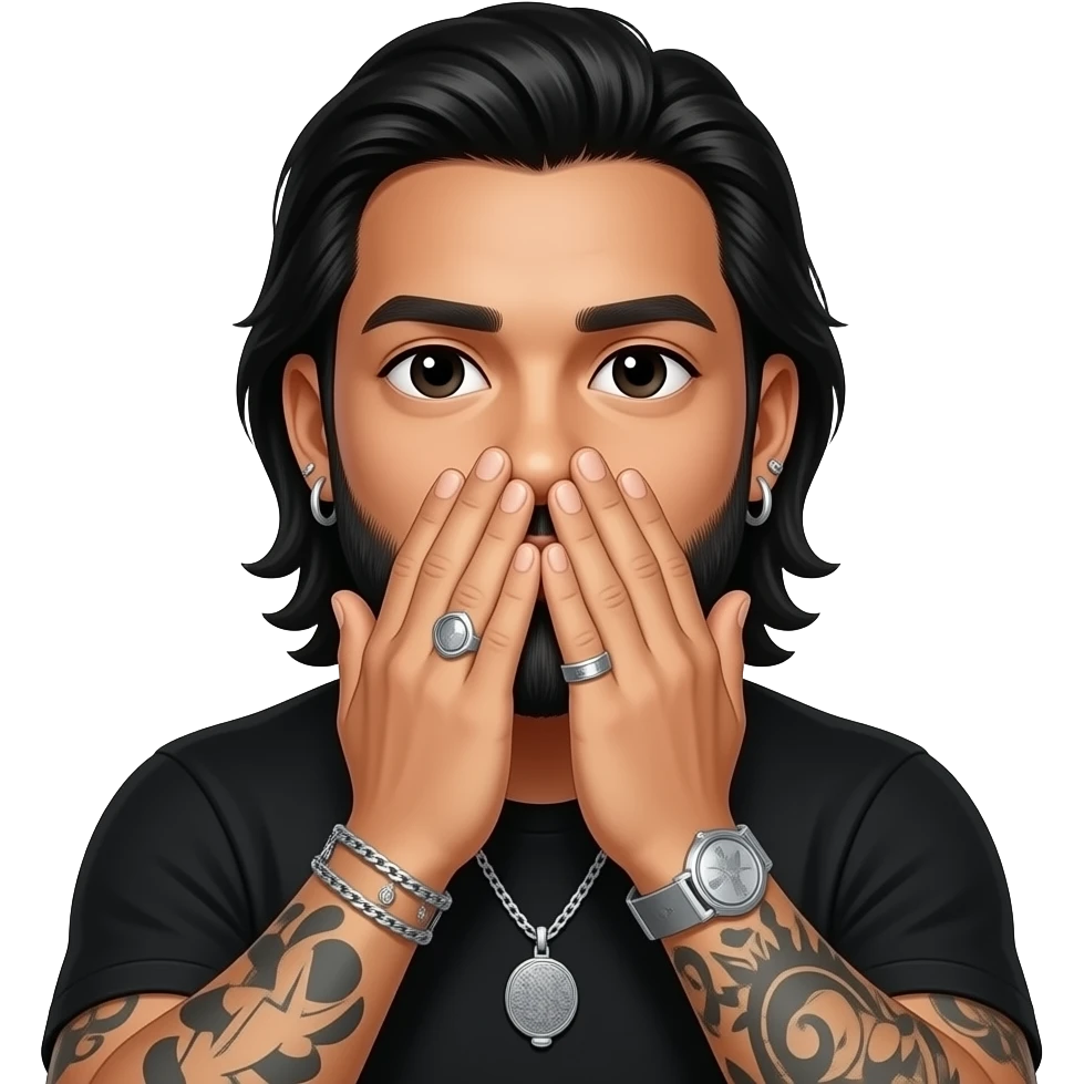 The handsome, manly Latino podcast host with black colored eyes wearing black with silver jewelry, with medium length hair, a pretty long lightly graying beard and tattoos, his ear pierced and right nostril as well, covering his mouth with both hand emoji