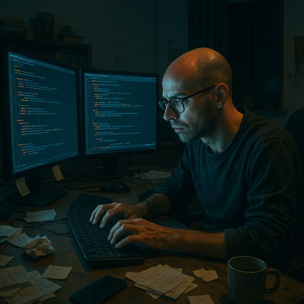 bald programmer with glasses, typing quickly in front of multiple monitors, nighttime home office environment, messy, with bluish light from monitors reflecting on face emoji
