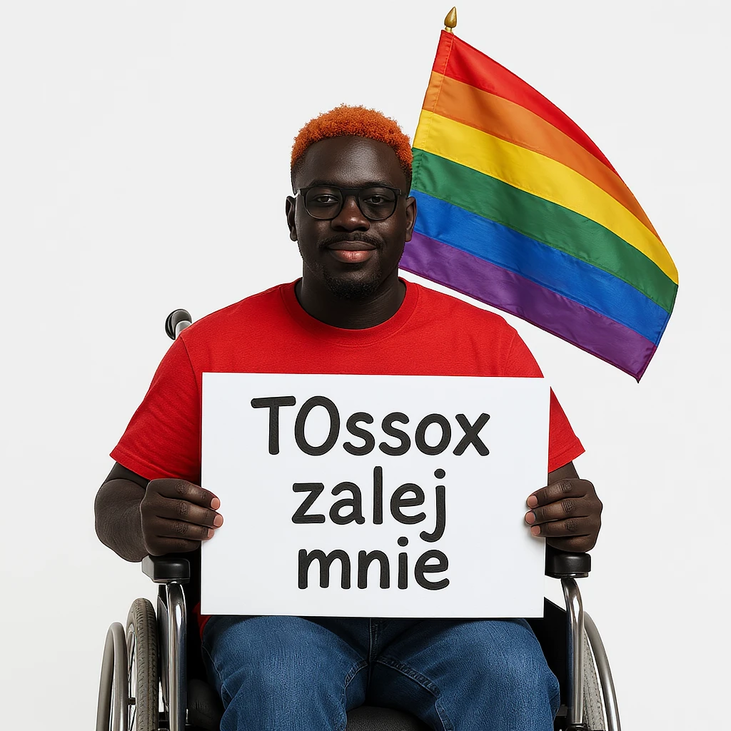 Black man with red hair sitting on wheelchair holding lgbt flag holding text "T0ssox zalej mnie" emoji