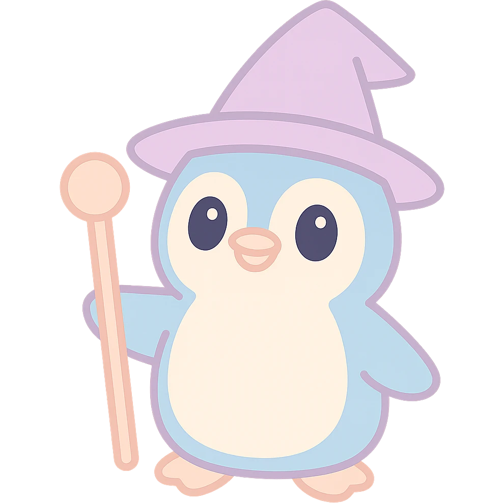 cute penguin wizard, magical staff, wearing a pointed hat, fantasy emoji
