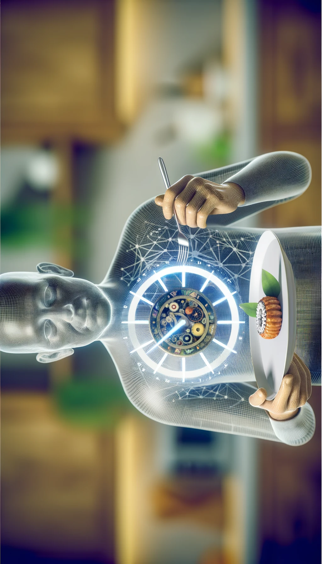 corpo umano anatomico, che tiene in mano un piatto bianco con la lancette di un orologio sopra, figura visibile fino ai fianchi, espressione del volto soddisfatta, sullo sfondo la sua cucina sfocata, iperrealistico 4k emoji