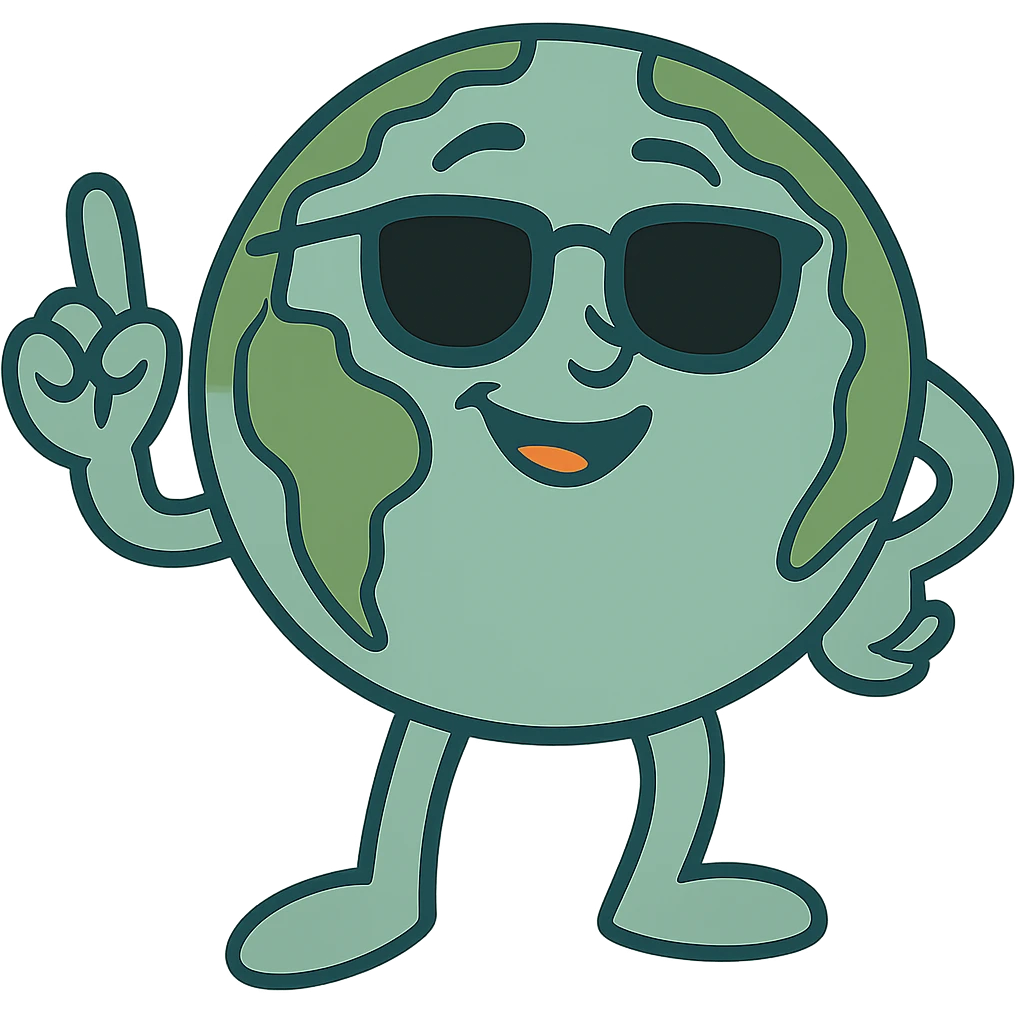 Remove the text 'WORLDLY QUIZ' from the image, keep only the globe character with glasses and raised finger, preserve transparent background. Maintain the style and details of the globe character as in the original image. emoji