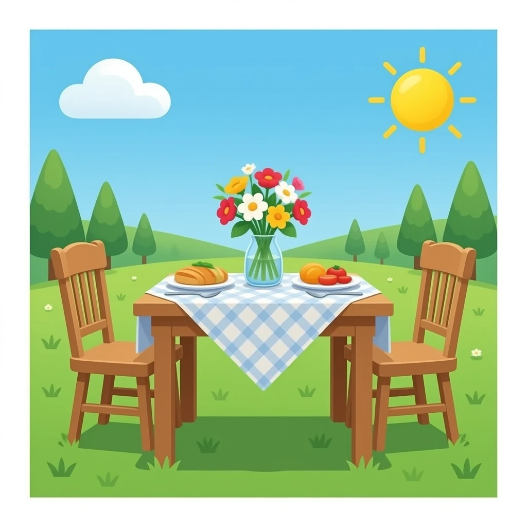 dining table with flowers, cloth and food on it and two chairs emoji