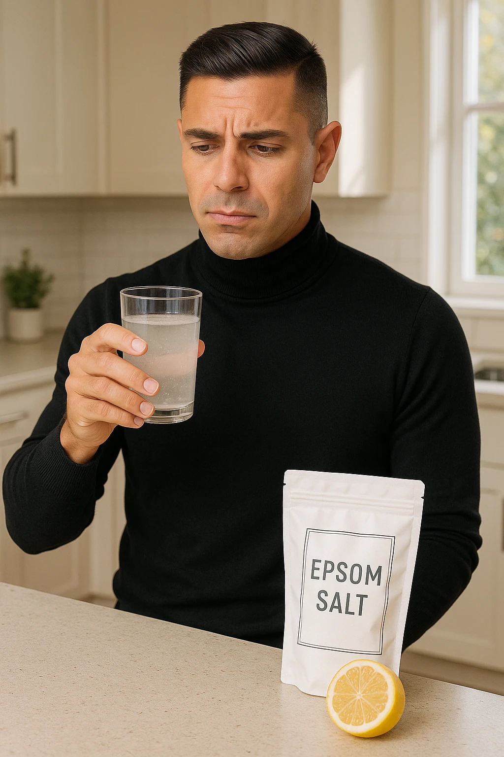 A realistic, bright photo-style image of a young man in his 30s standing in his kitchen, holding a clear glass filled with water in which Epsom salt (magnesium sulfate) has been dissolved. He looks focused but slightly uncertain as he prepares to drink it for a liver flush or digestive cleanse. The glass shows slight cloudiness from the dissolved salt. On the counter are a packet labeled 'Epsom Salt' and a sliced lemon, suggesting he might use it to mask the taste. The setting is clean, natural, and bright with neutral tones. The background shows sunlight streaming through a window, emphasizing a clean, minimalist health-focused environment. The mood conveys a realistic, calm moment of self-care with a hint of discomfort, illustrating a natural detox practice in italiano emoji