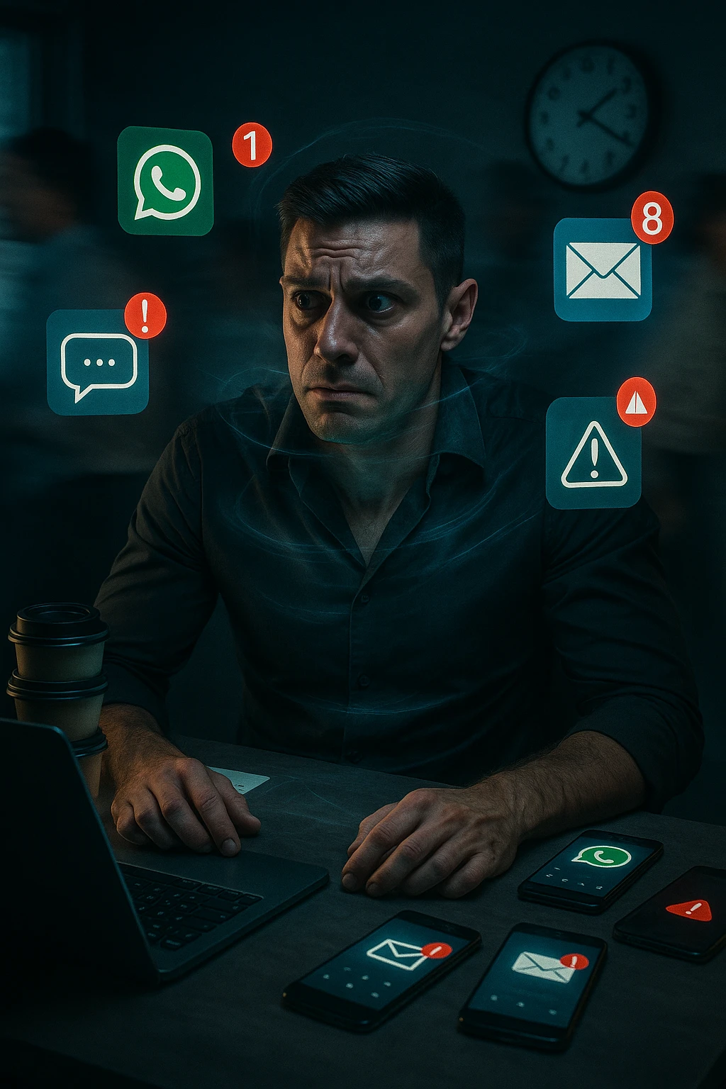 A highly realistic, cinematic portrait of a young man in his early 30s with a tired, tense expression, sitting at his modern office desk surrounded by multiple smartphones with glowing notification bubbles (WhatsApp, emails, alerts) hovering around him like aggressive neon icons. His posture is hunched, shoulders raised, eyes slightly wide, and jaw clenched, representing constant hyper-vigilance and stress. The environment is a cold, cluttered workspace with a laptop displaying endless emails and Slack notifications, coffee cups stacked nearby, and a clock showing late hours, symbolizing the relentless pace of modern work life. Behind him, ghostly blurred figures rush by in a fast-motion effect, representing the constant rush and societal pressure. A faint, tight grey aura wraps around his chest and head, symbolizing blocked breathing and mental tension, while faint blue light tries to push through, representing the body’s desire to find calm. The lighting is harsh and cool, with a 35mm hyperrealistic film style, shallow depth of field focusing on the man’s stressed face and the floating notifications, illustrating the modern trap of always being on alert. emoji