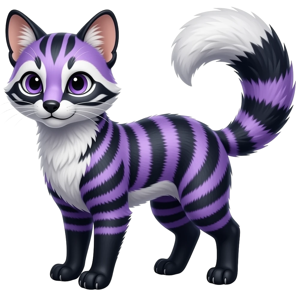 Cool colorful stripe-marked smooth silky furry beautiful realistic wild indigo and violet-purple and black and white Civet-Mankeulv-Genet-cacomistle-tanuki-Vernid-Fakémon-hybrid emoji