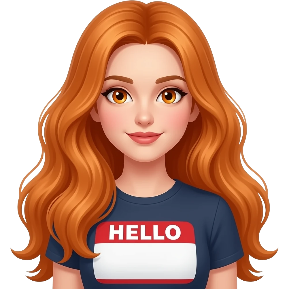 sexy girl with overlong ginger hair and ginger eyes a top with HELLO written on it emoji