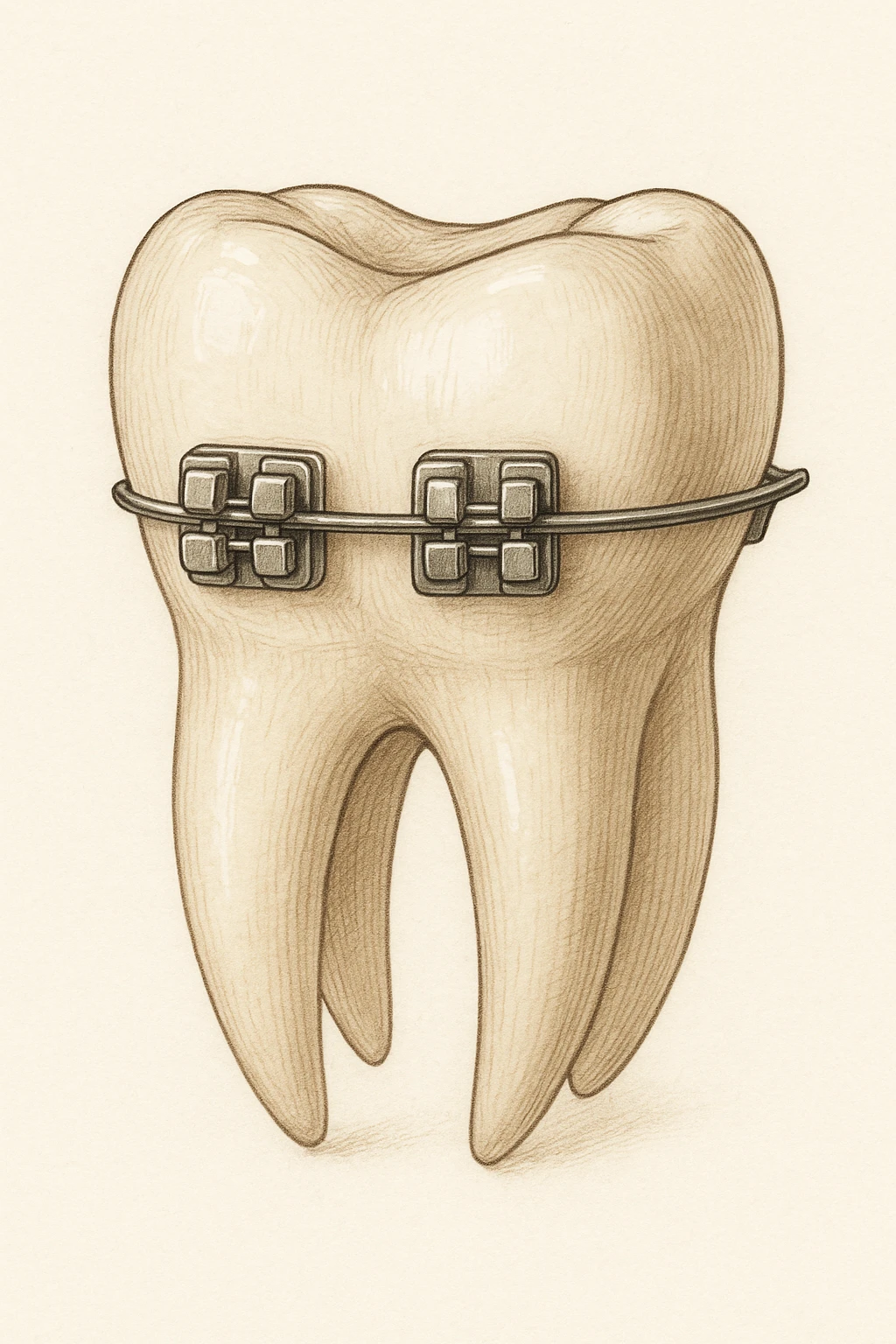 a realistic tooth with metal braces, detailed, medical illustration style emoji
