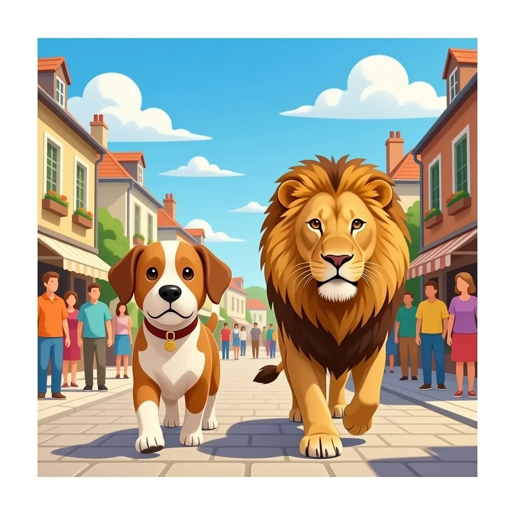 hazme un perro y un leon caminando por un pueblo con muchas personas emoji