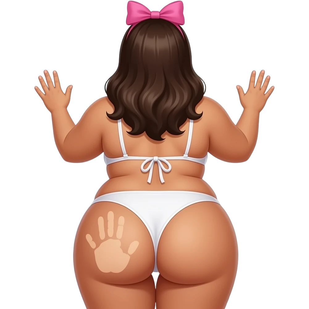 A tanned really extremely fat pink and white big booty latina showing back its bikini and big thighs and buttocks while putting her hands behind the wall and she has a skin colored hand print on her left buttocks and she with a pink bow tie on her head while there is a text bubble saying slap my ass emoji