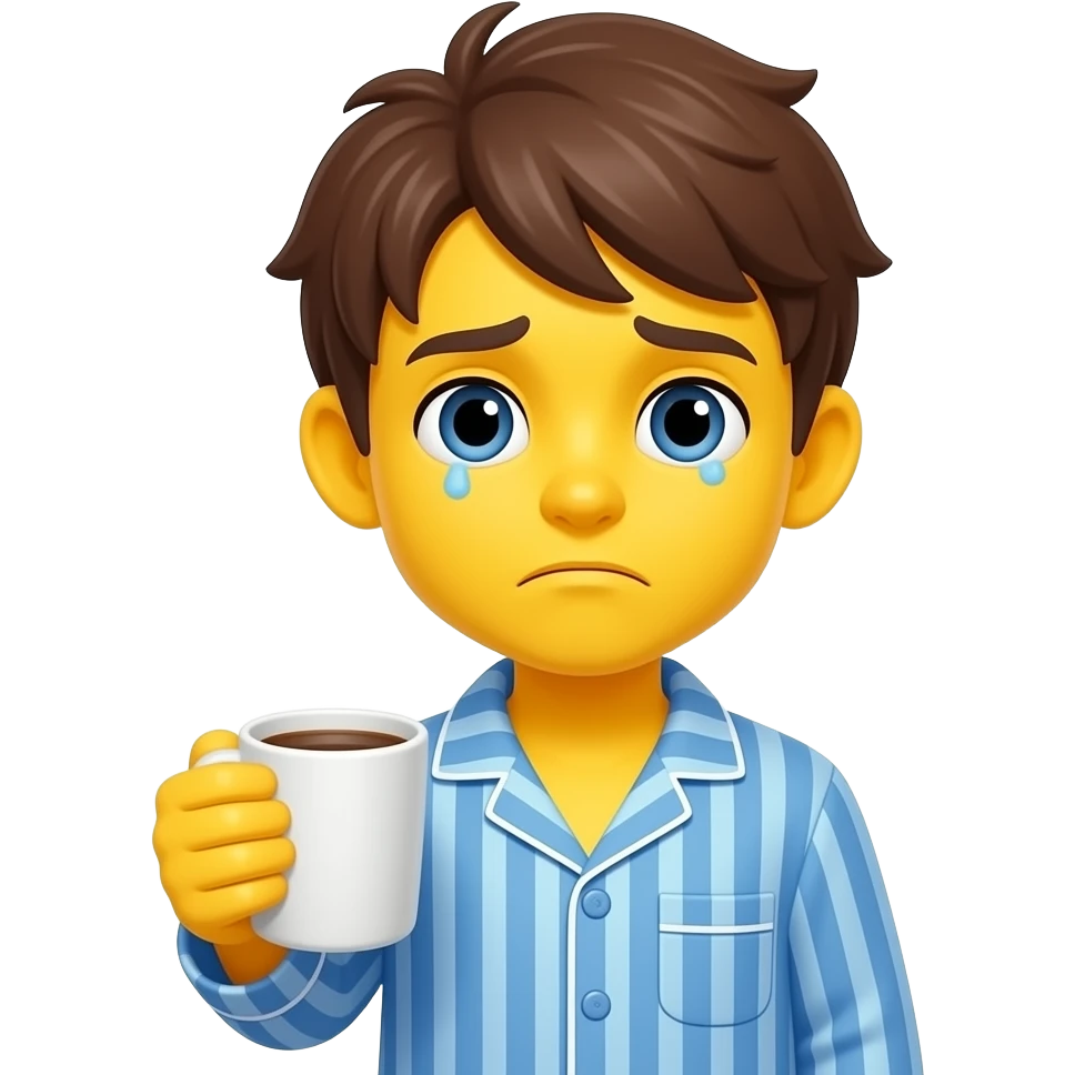 Hazme una un emoji de un chico con expresión cansada con piel amarilla cansado y tomándose un café que el café esté en la mano y que tenga una ropa de dormir con botones y que tenga el pelo café emoji