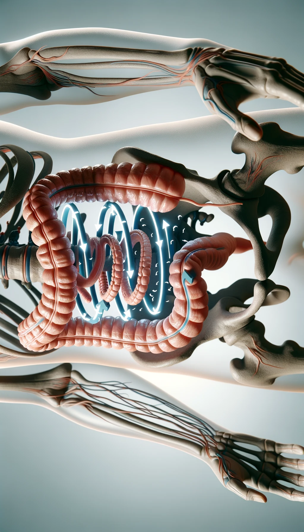 intestino umano anatomico con frecce 3d che gli girano intorno, sfondo chiaro, iperrealistico 4k emoji