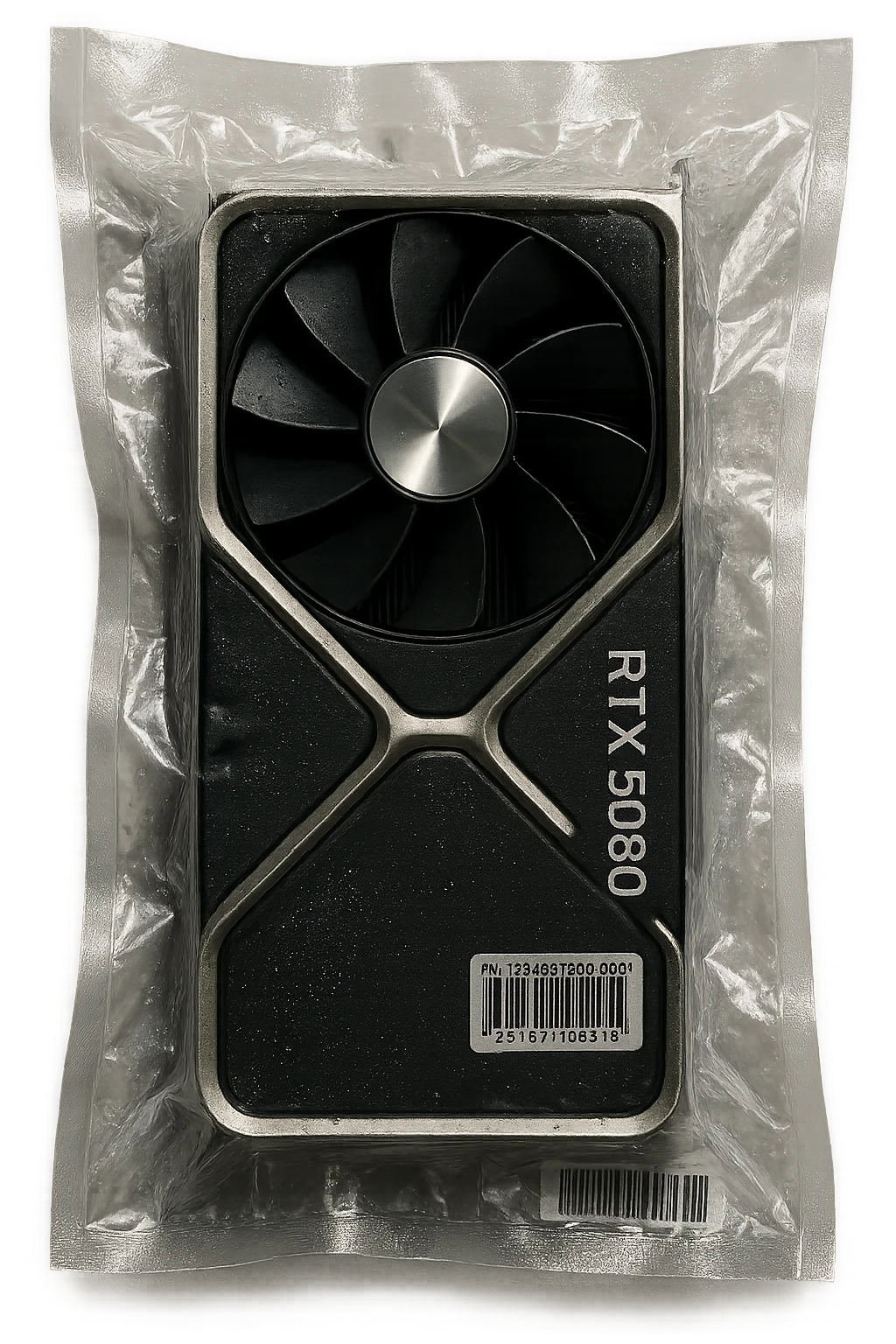 vacuum-sealed RTX 5080, squished and reflective emoji