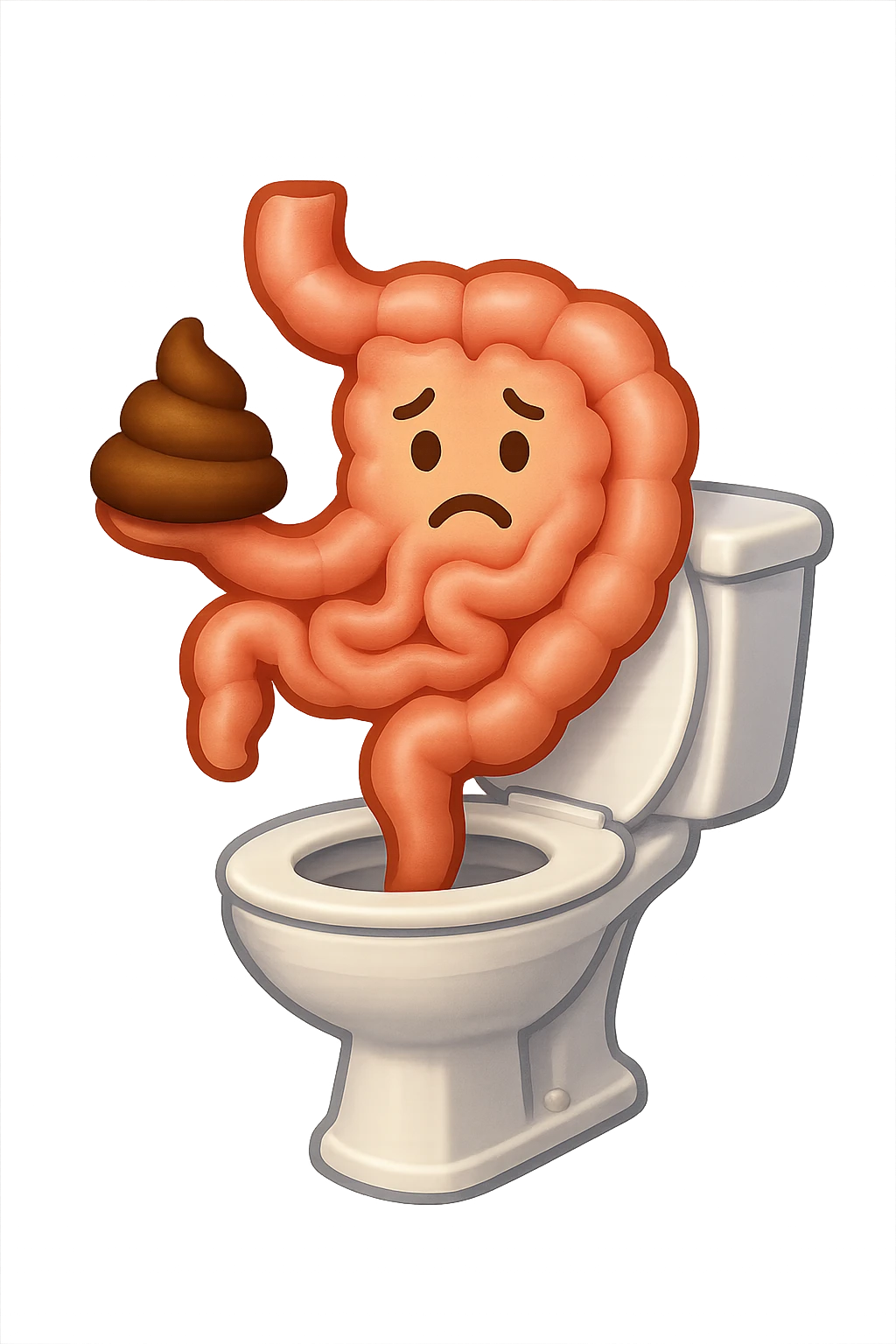emoji stile iphone di un intestino che esce dal wc con in mano una montagnetta di feci con espressione triste a palline emoji