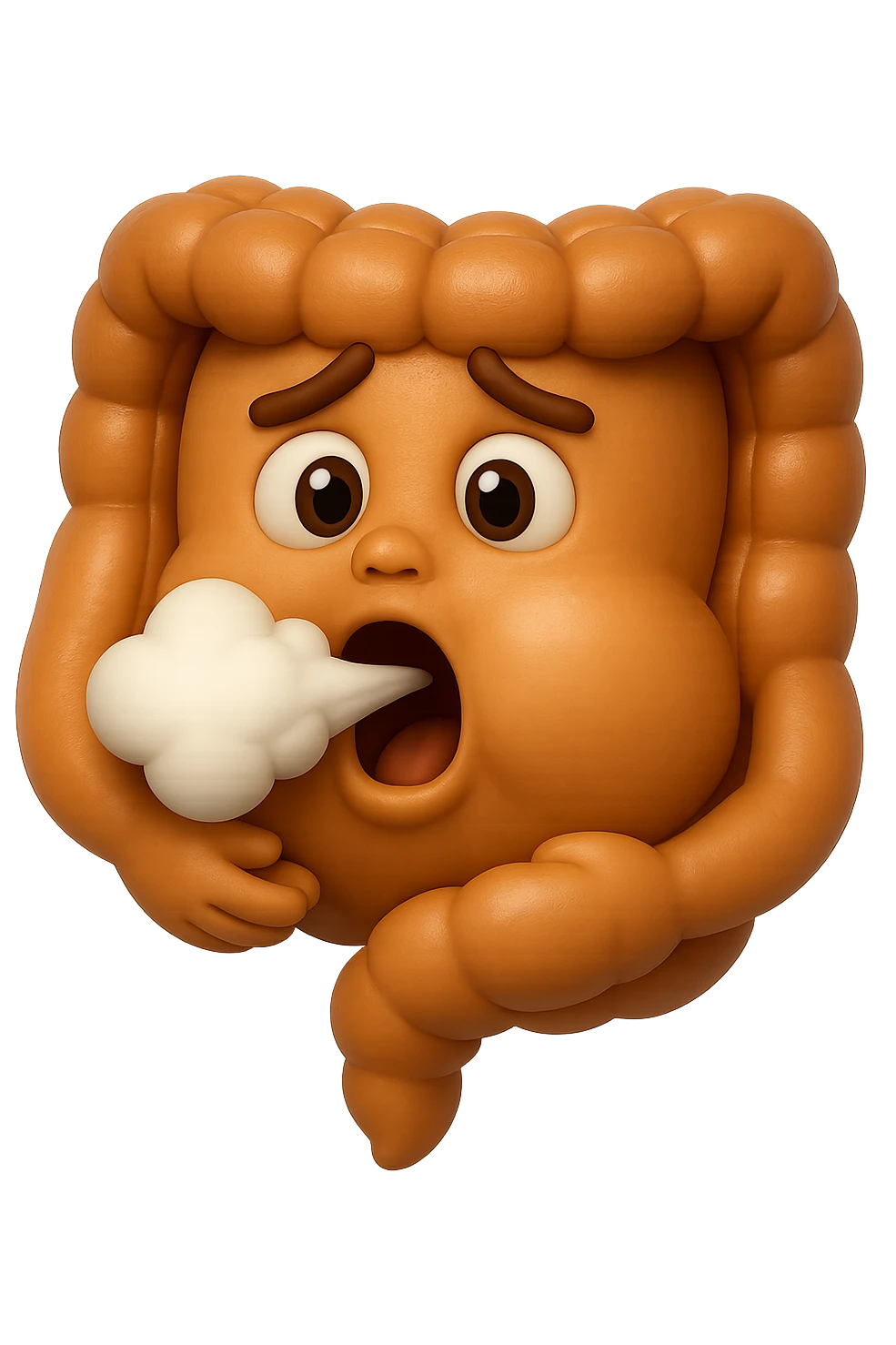emoji stile iphone di un intestino che ingoia una nuvoletta di aria ben visibile e gli si gonfia la pancia, iperrealistico 4k emoji