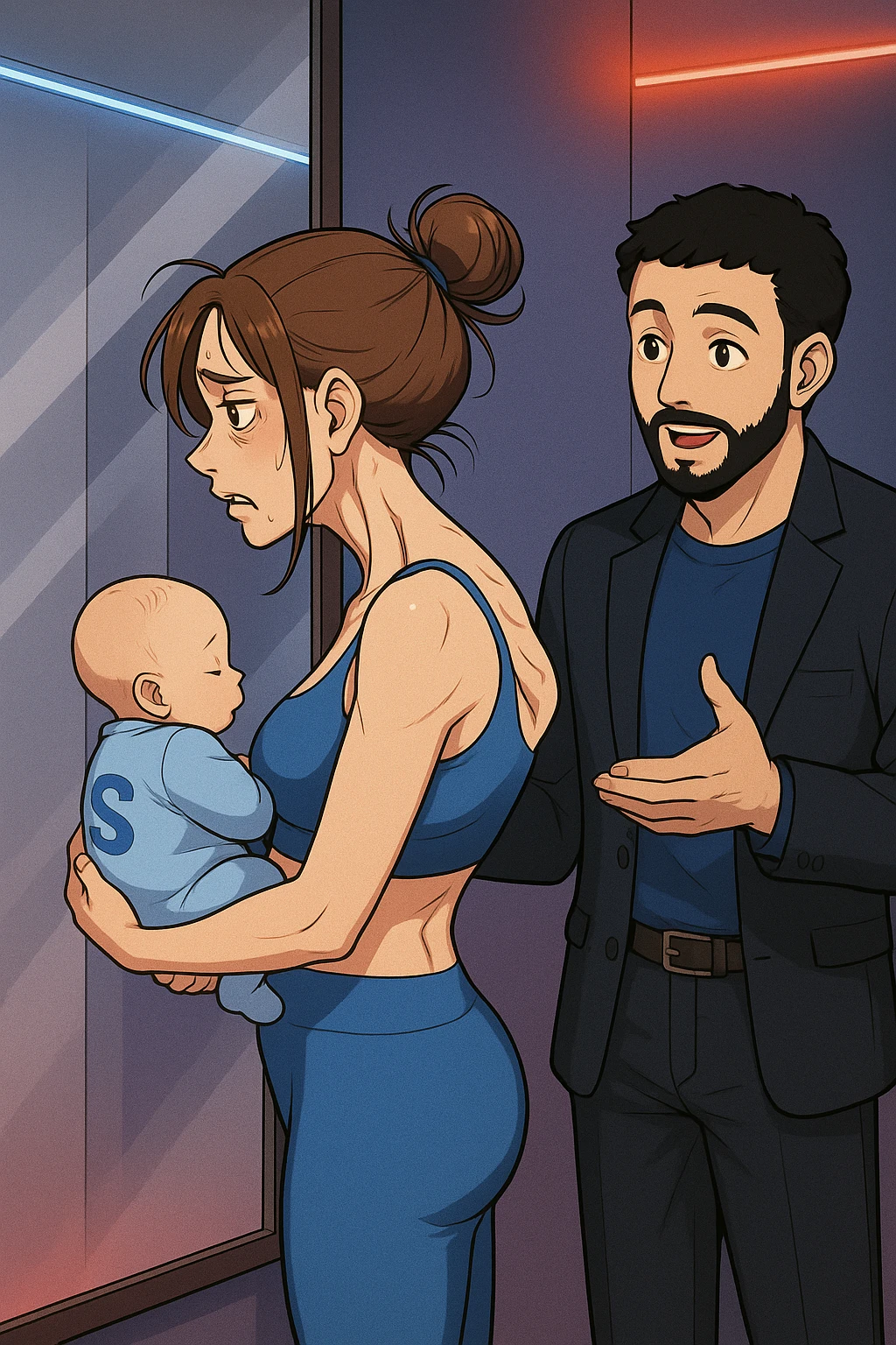 ispirati a questo stile di disegno e fai questa immagine in versione manga/webtoon a colori, il manga mostra la donna che si guarda alla specchio preoccupata di profilo con la postura sbagliata e incurvata, spalle chiuse e curve in avanti, con un neonato in braccio con una tutina azzurra e la scritta "S" blu sulla schiena, spina dorsale storta della donna in evidenza mentre al suo fianco anche l'uomo guarda la donna riflessa nello specchio e le spiega una cosa, ma non fare i fumetti, fai come se stessero parlando emoji