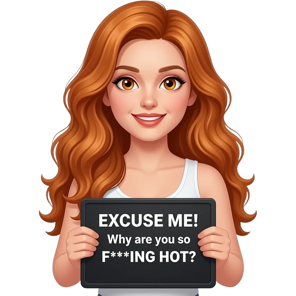 sexy girl with long wavy ginger hair and ginger eyes wearing a white tanktop is holding a black colored sign with EXCUSE ME! Why are you so F***ING HOT?written on it emoji