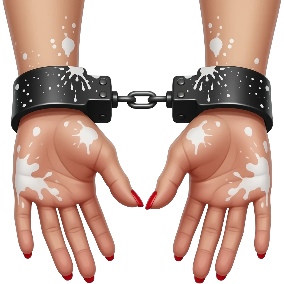 Sexy Woman’s hands red nails behind back in black leather hand cuffs splattered in a lot ofwhite paint close-up emoji
