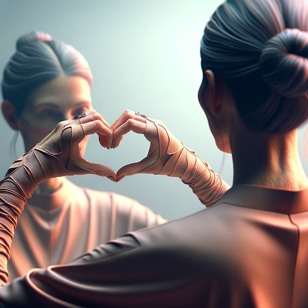 DONNA DI SPALLE CHE SI GUARDA ALLO SPECCHIO CREANDO UN CUORE CON LE MANI, iperrealistico 4k emoji